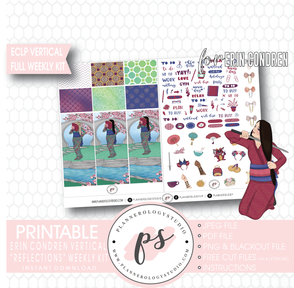 Reflections (Mulan Inspired) Full Weekly Kit Printable Planner Digital Stickers (for use with Erin Condren Vertical) - Plannerologystudio