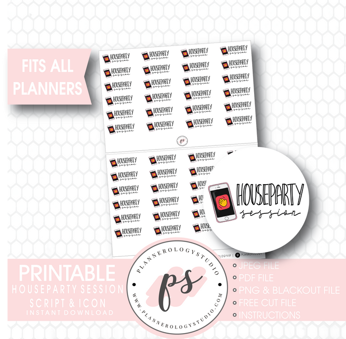 Houseparty Session Bujo Script & Icon Digital Printable Planner Stickers - Plannerologystudio