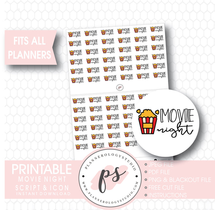 Movie Night Bujo Script & Icon Digital Printable Planner Stickers - Plannerologystudio