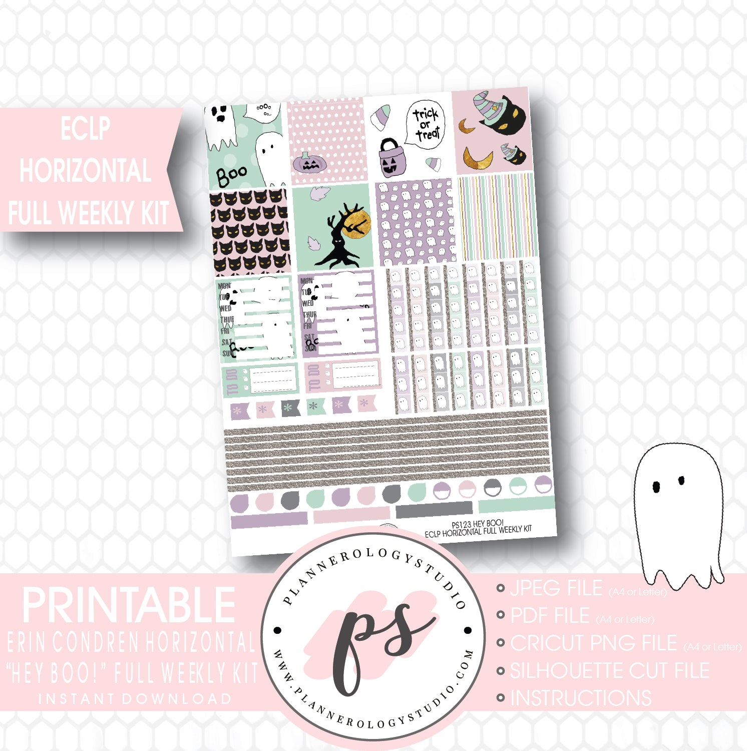 Hey Boo! Full Weekly Kit Printable Planner Stickers (for use with ECLP Horizontal) - Plannerologystudio