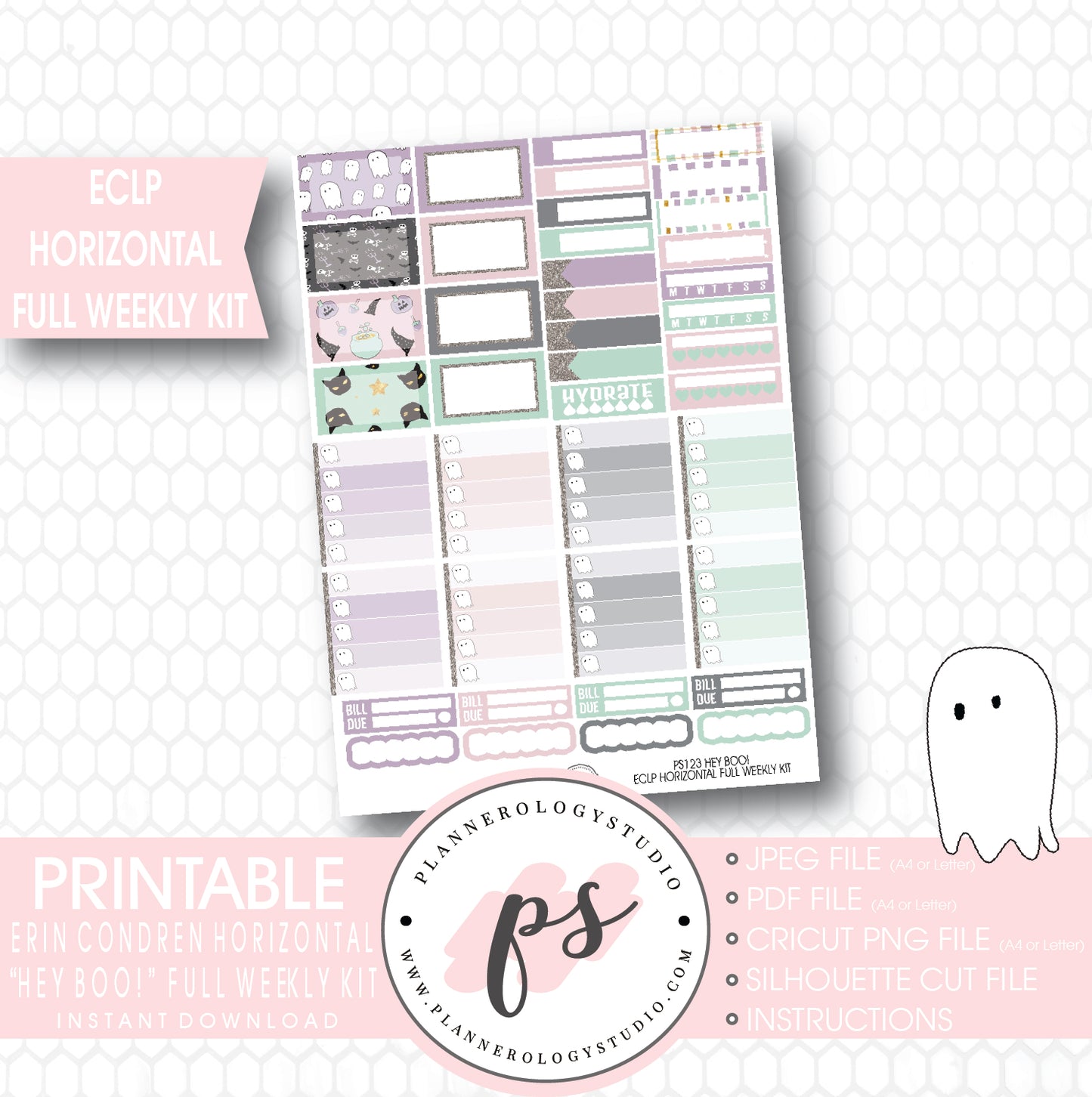 Hey Boo! Full Weekly Kit Printable Planner Stickers (for use with ECLP Horizontal) - Plannerologystudio