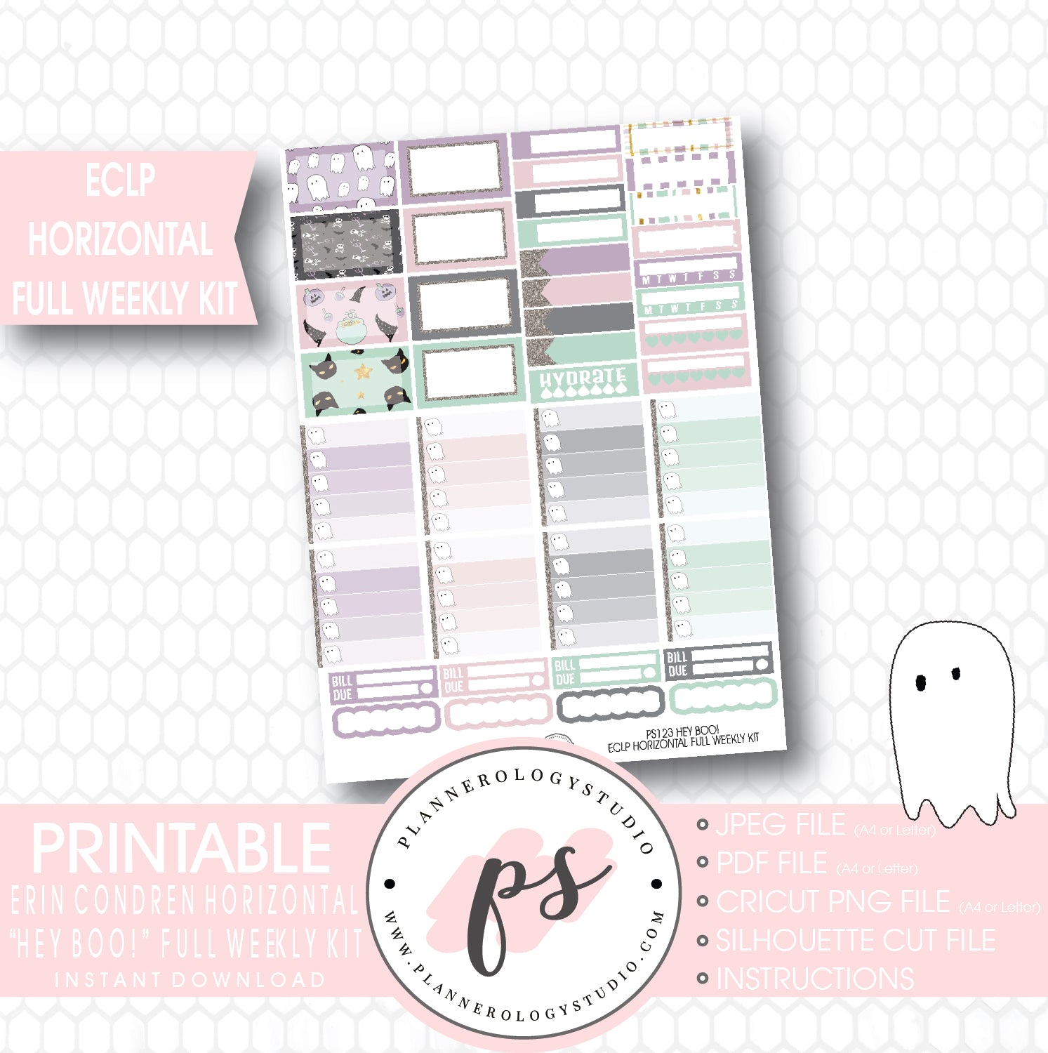 Hey Boo! Full Weekly Kit Printable Planner Stickers (for use with ECLP Horizontal) - Plannerologystudio
