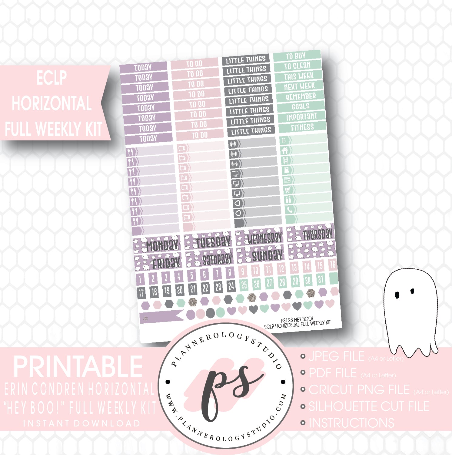 Hey Boo! Full Weekly Kit Printable Planner Stickers (for use with ECLP Horizontal) - Plannerologystudio