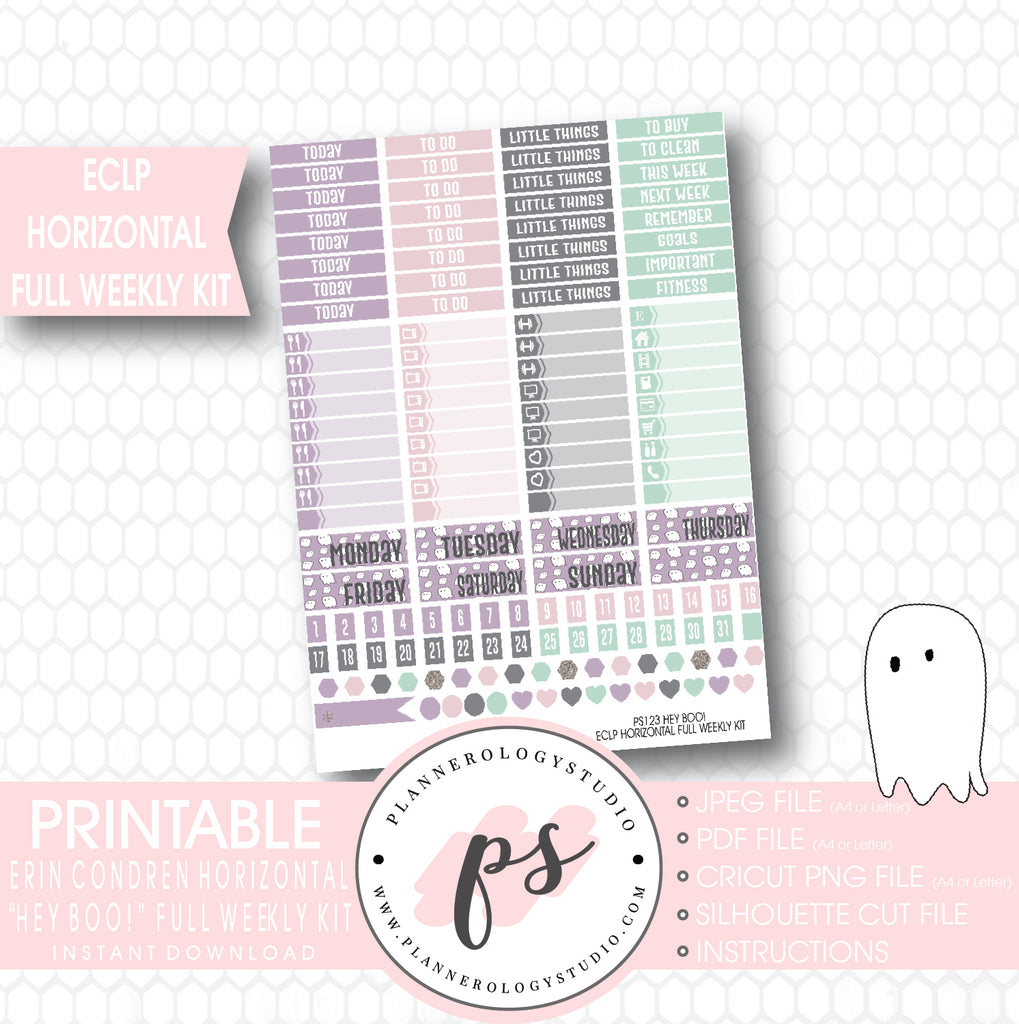 Hey Boo! Full Weekly Kit Printable Planner Stickers (for use with ECLP Horizontal) - Plannerologystudio