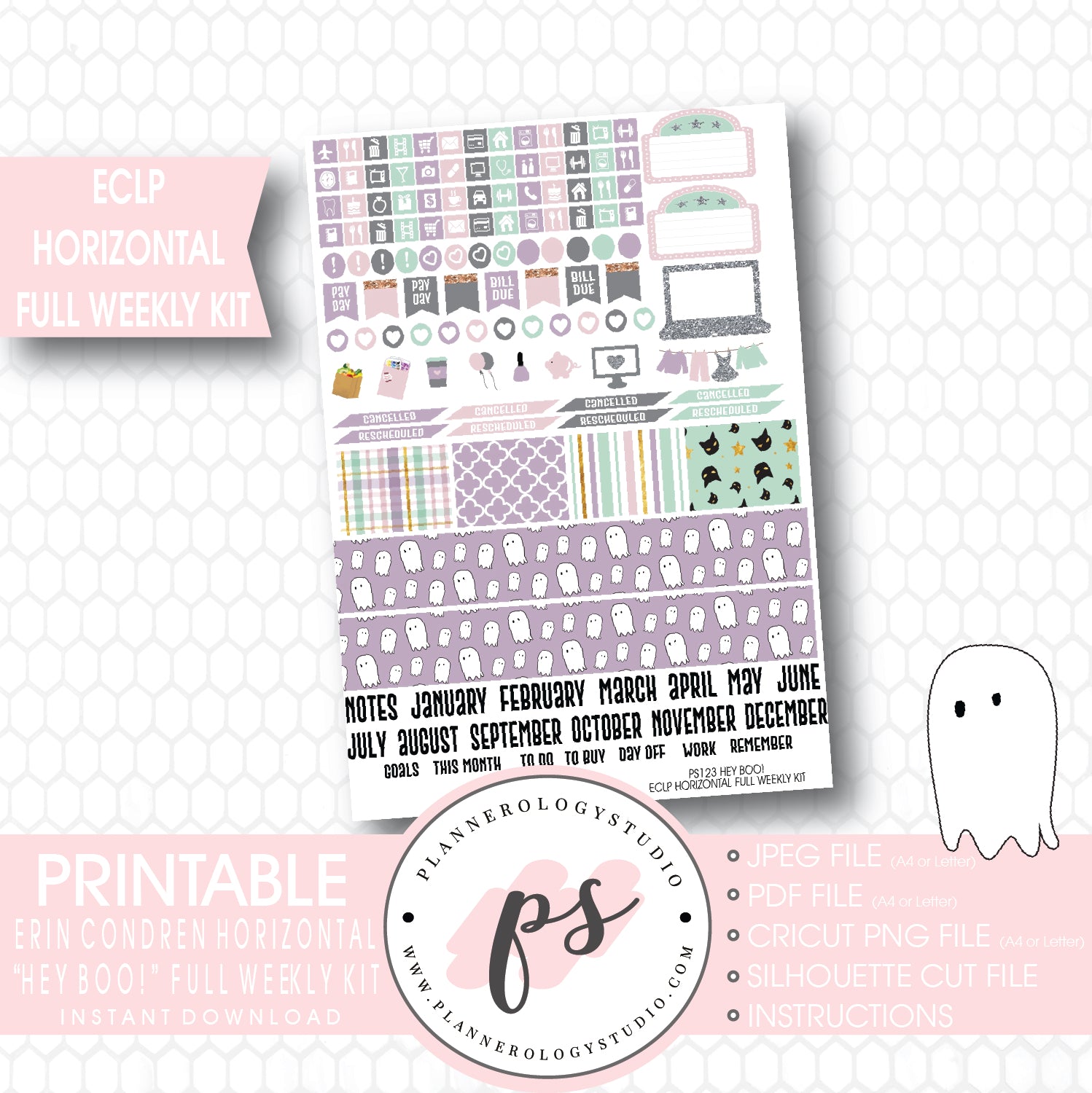 Hey Boo! Full Weekly Kit Printable Planner Stickers (for use with ECLP Horizontal) - Plannerologystudio