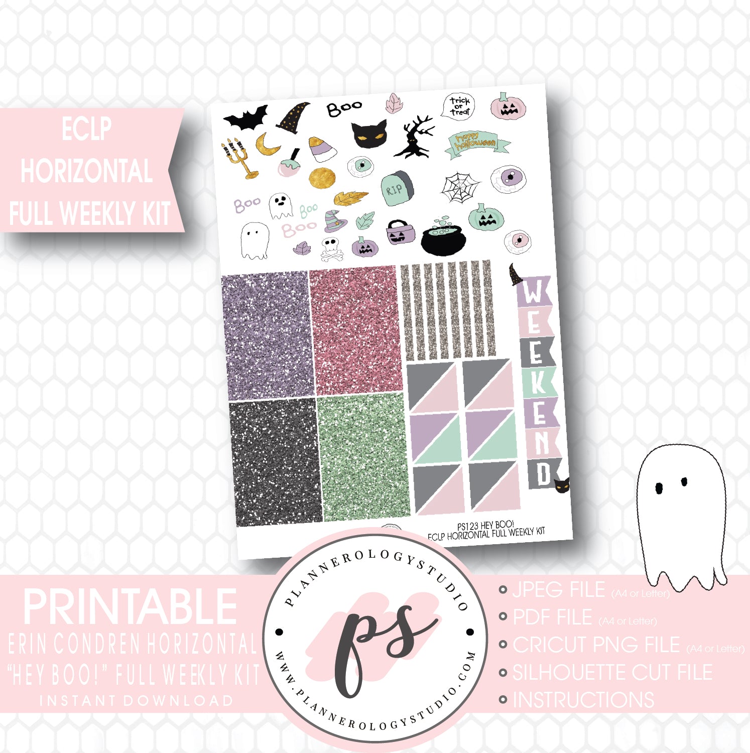 Hey Boo! Full Weekly Kit Printable Planner Stickers (for use with ECLP Horizontal) - Plannerologystudio