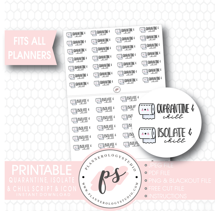 Quarantine and Isolate & Chill Bujo Script & Icon Digital Printable Planner Stickers - Plannerologystudio