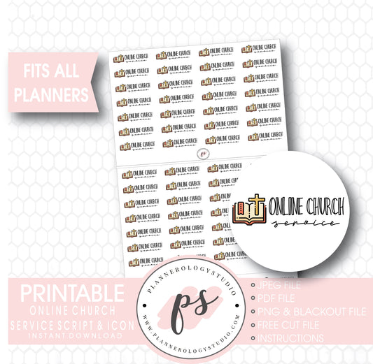 Online Church Service Bujo Script & Icon Digital Printable Planner Stickers - Plannerologystudio