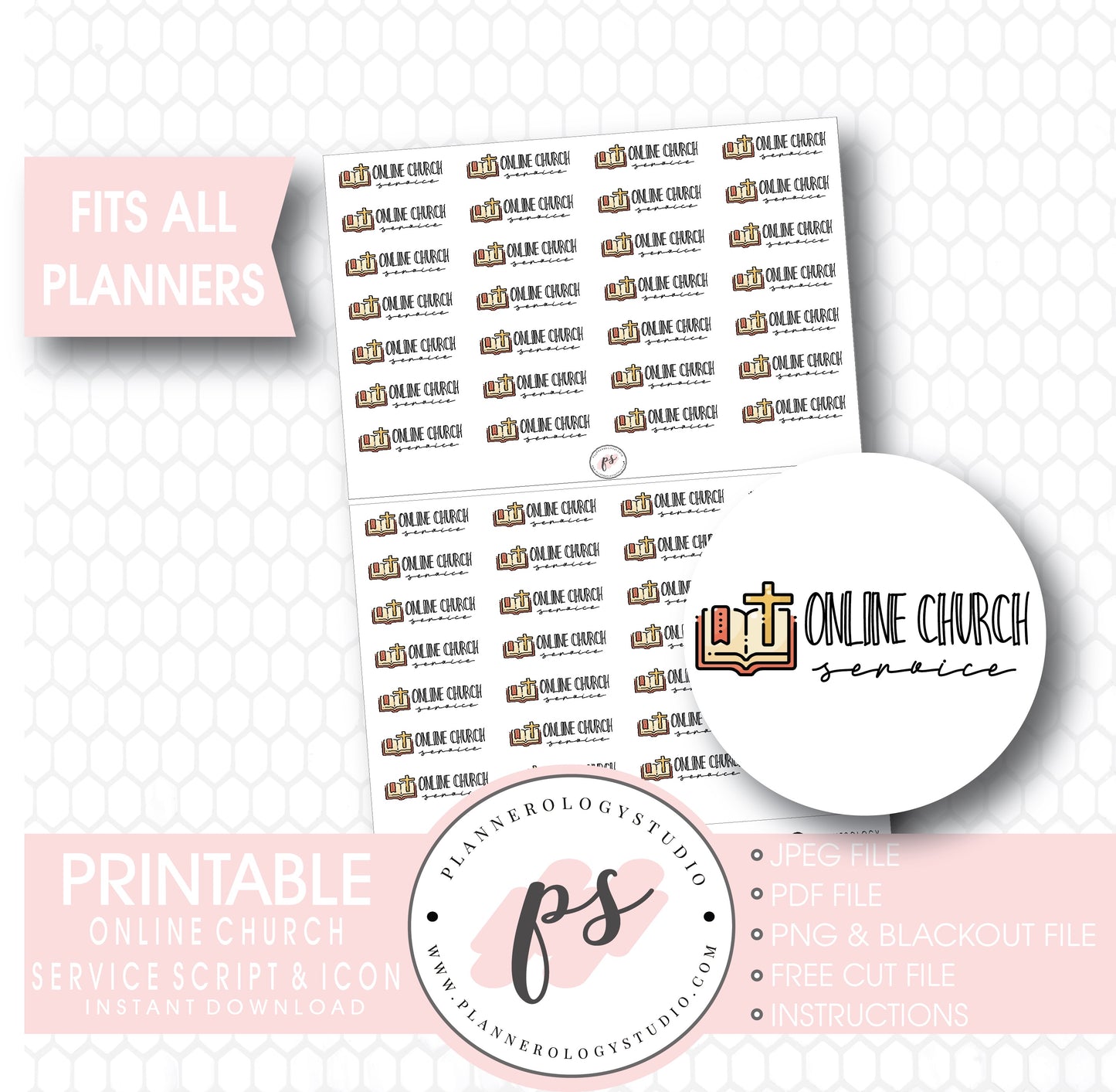 Online Church Service Bujo Script & Icon Digital Printable Planner Stickers - Plannerologystudio