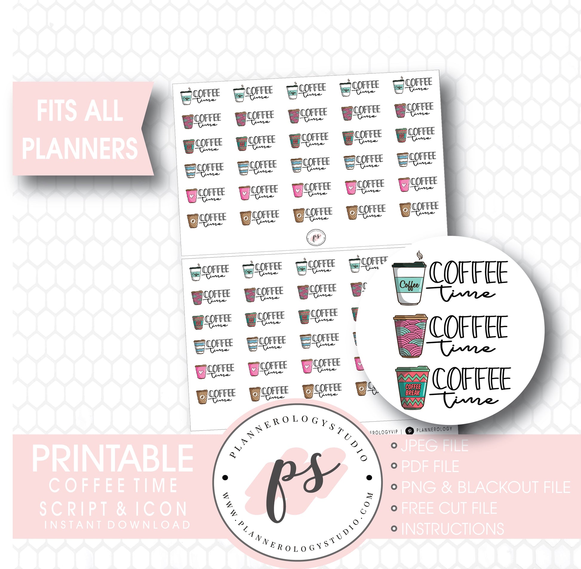 Coffee Time Bujo Script & Icon Digital Printable Planner Stickers - Plannerologystudio