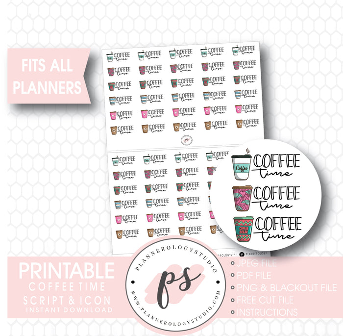 Coffee Time Bujo Script & Icon Digital Printable Planner Stickers - Plannerologystudio