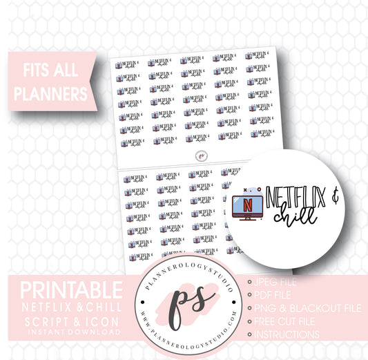 Netflix & Chill Bujo Script & Icon Digital Printable Planner Stickers - Plannerologystudio