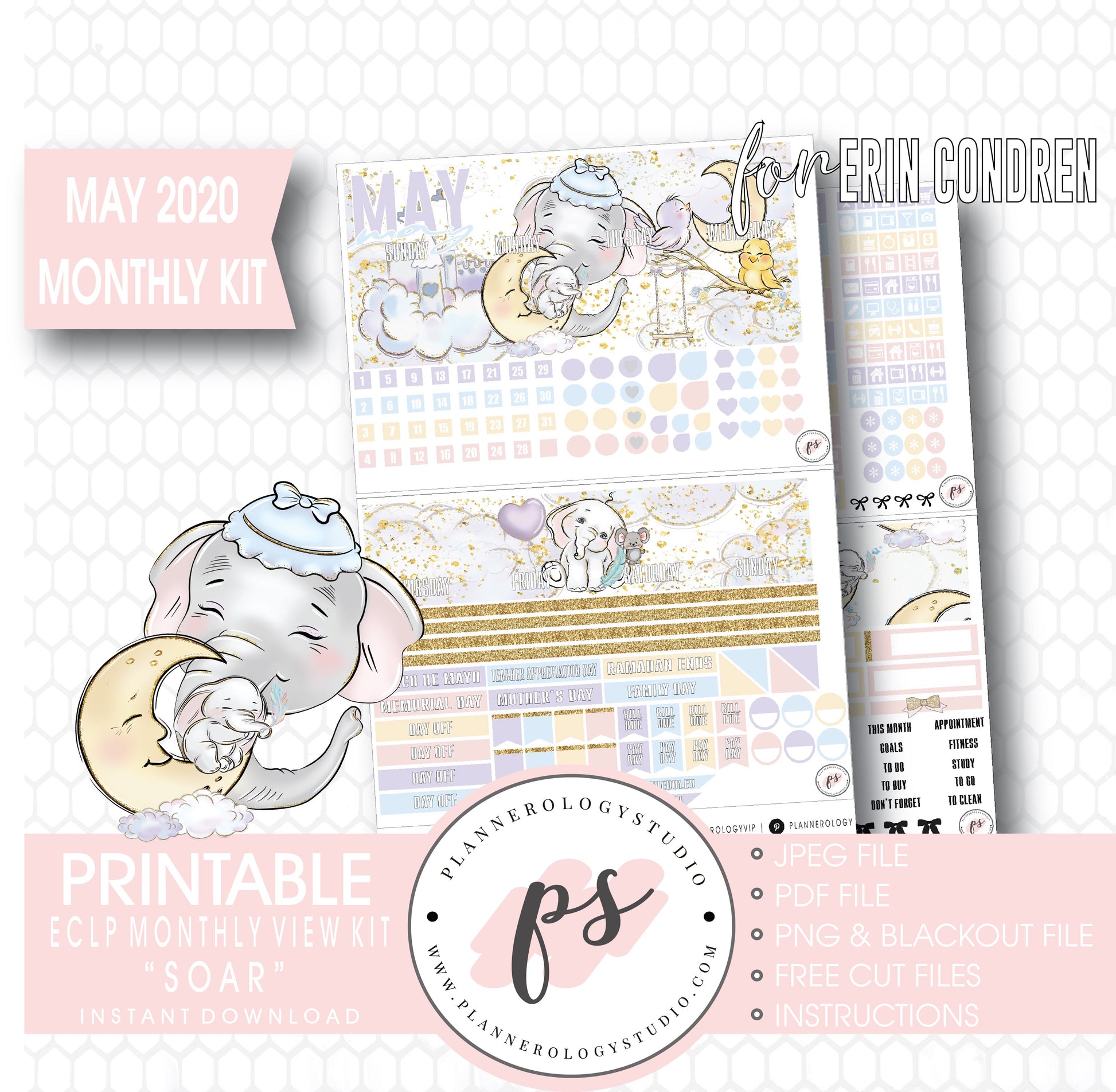 Soar (Dumbo Inspired) May 2020 Monthly View Kit Digital Printable Planner Stickers (for use with Erin Condren) - Plannerologystudio