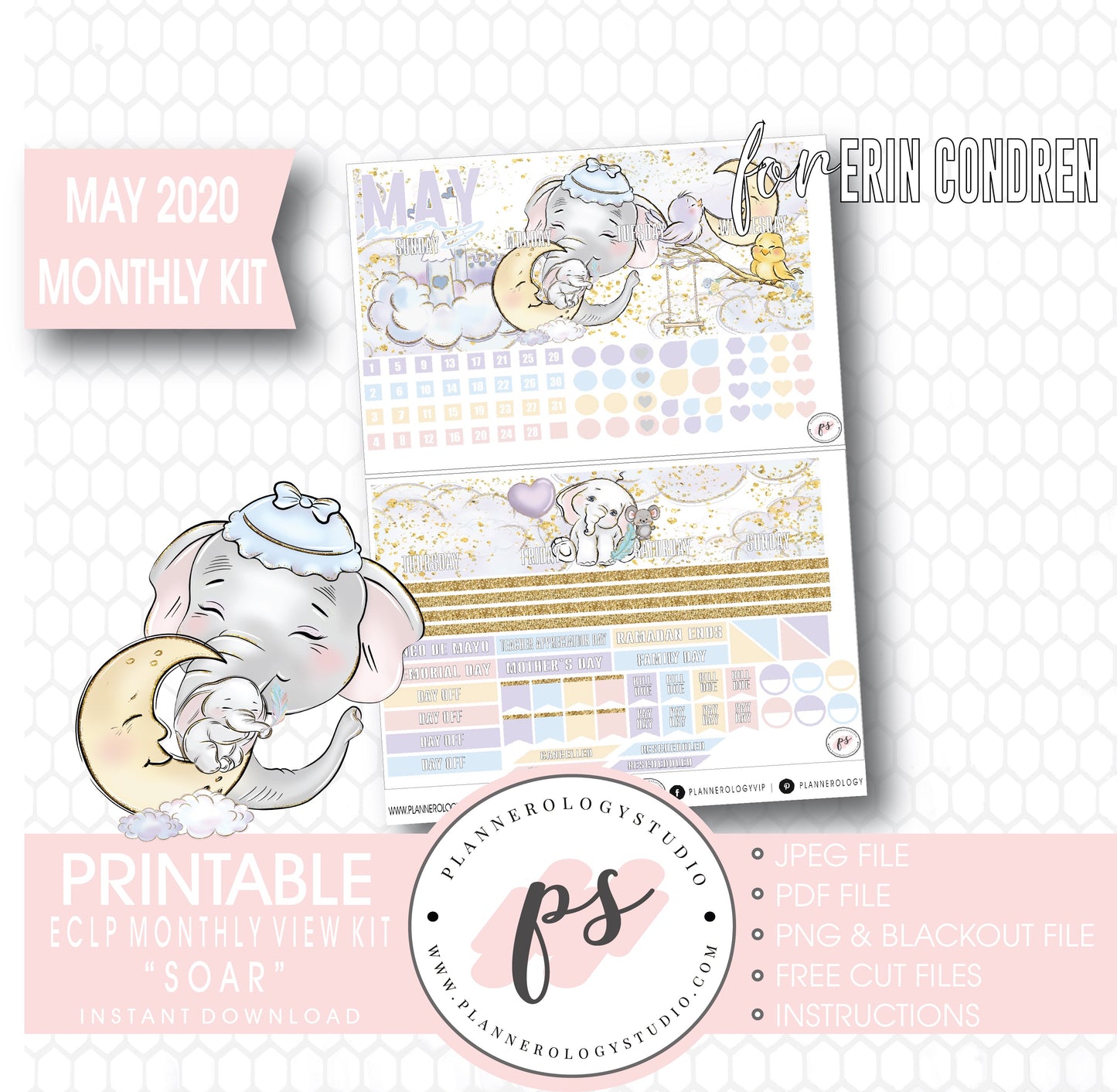 Soar (Dumbo Inspired) May 2020 Monthly View Kit Digital Printable Planner Stickers (for use with Erin Condren) - Plannerologystudio