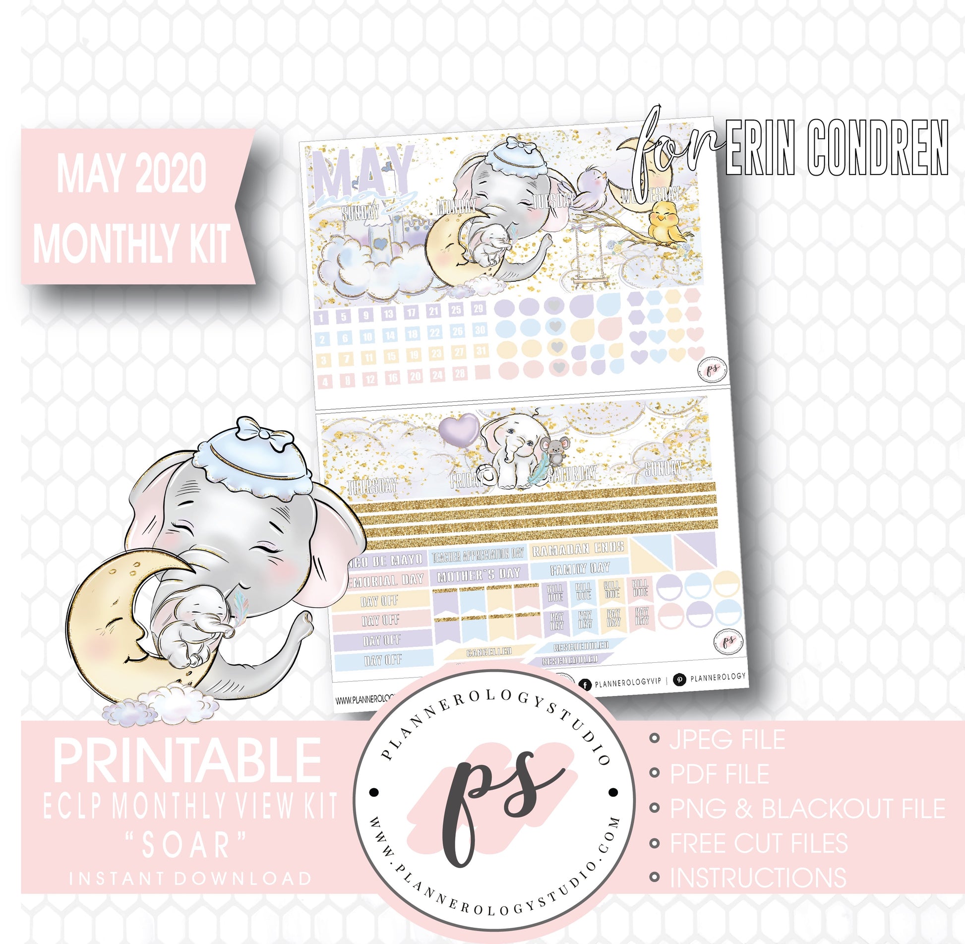 Soar (Dumbo Inspired) May 2020 Monthly View Kit Digital Printable Planner Stickers (for use with Erin Condren) - Plannerologystudio