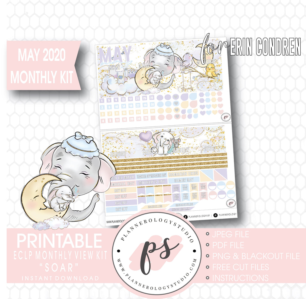 Soar (Dumbo Inspired) May 2020 Monthly View Kit Digital Printable Planner Stickers (for use with Erin Condren) - Plannerologystudio