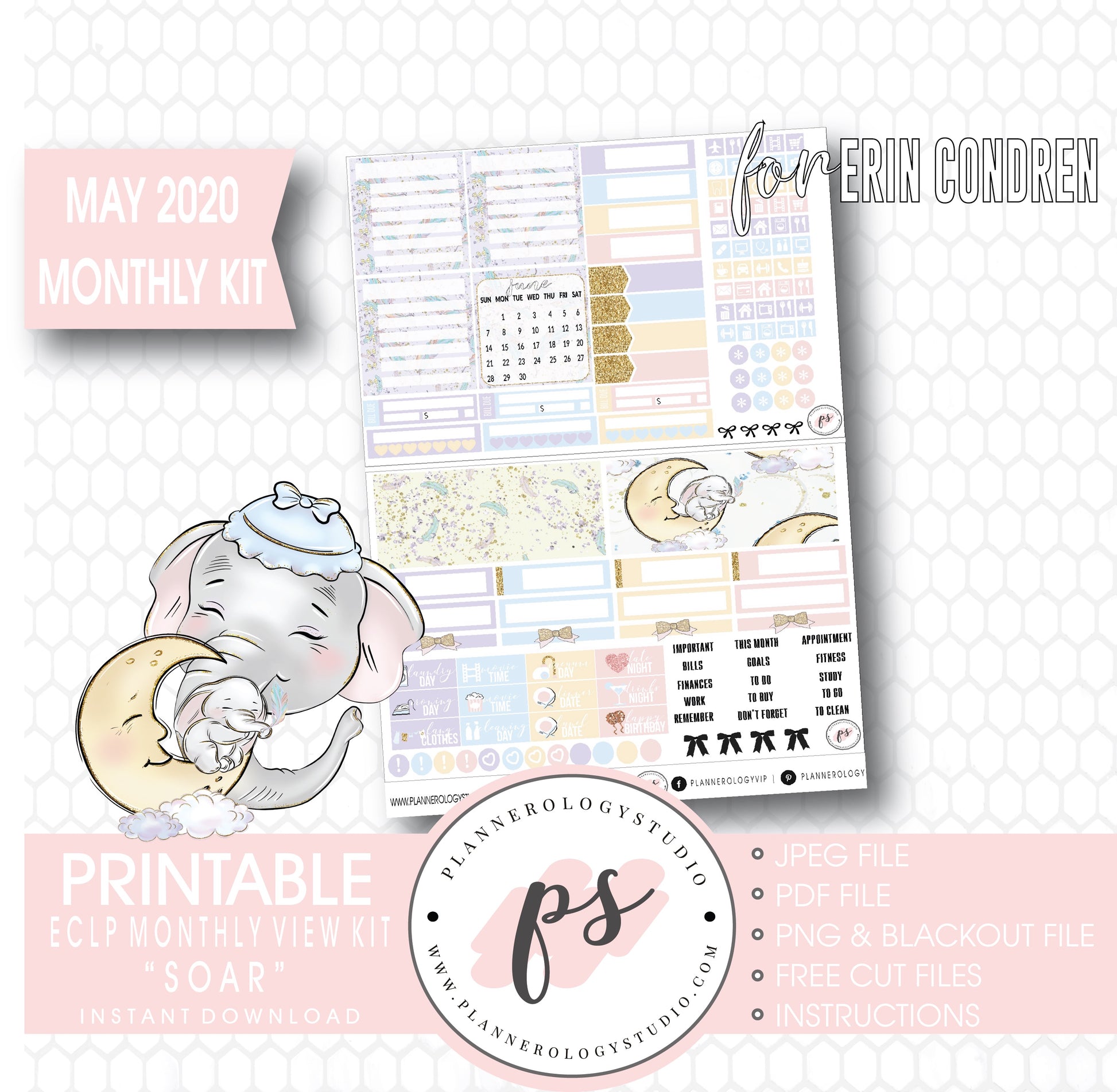 Soar (Dumbo Inspired) May 2020 Monthly View Kit Digital Printable Planner Stickers (for use with Erin Condren) - Plannerologystudio