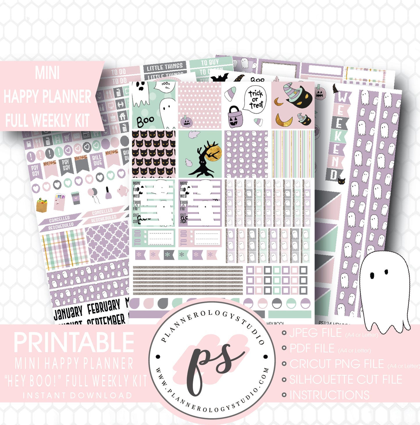Hey Boo! Full Weekly Kit Printable Planner Stickers (for use with Mini Happy Planner) - Plannerologystudio