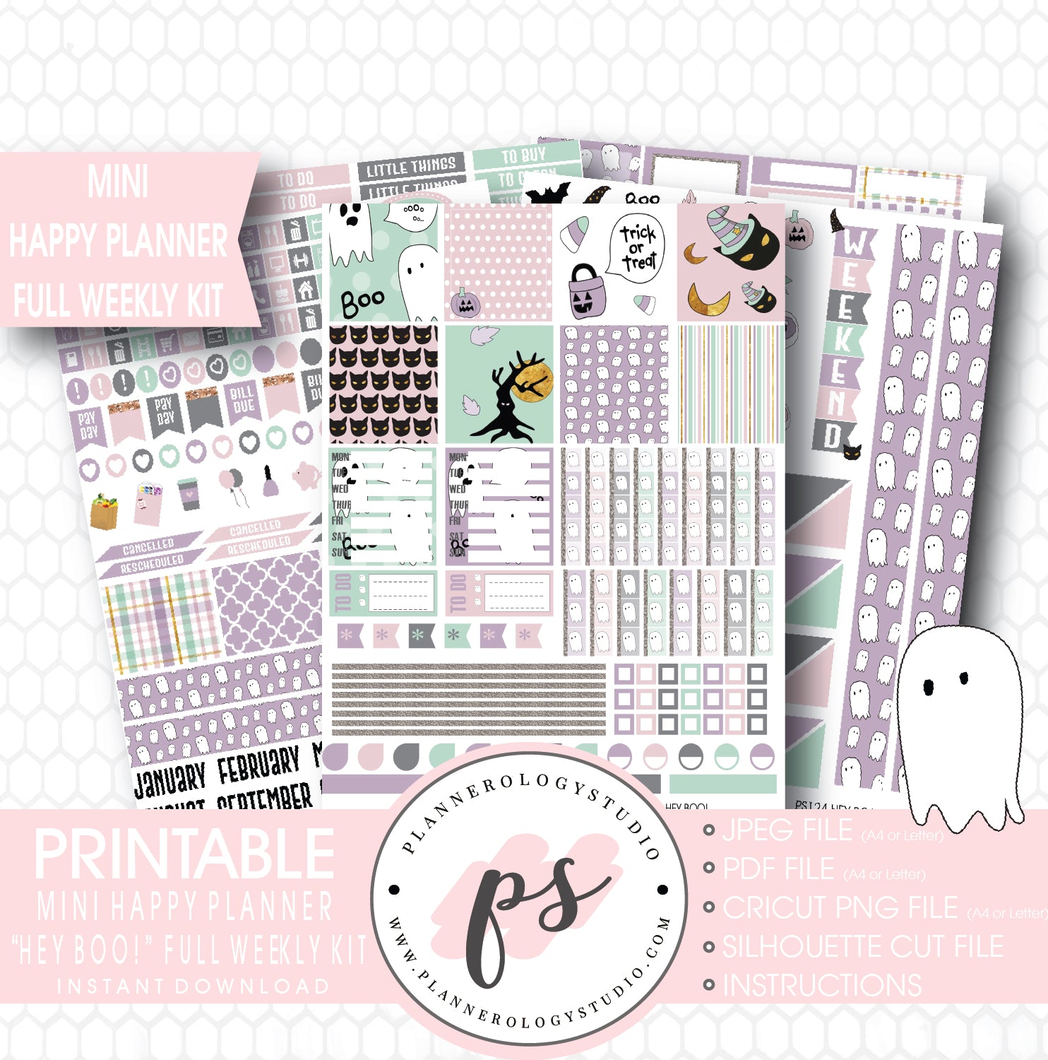Hey Boo! Full Weekly Kit Printable Planner Stickers (for use with Mini Happy Planner) - Plannerologystudio