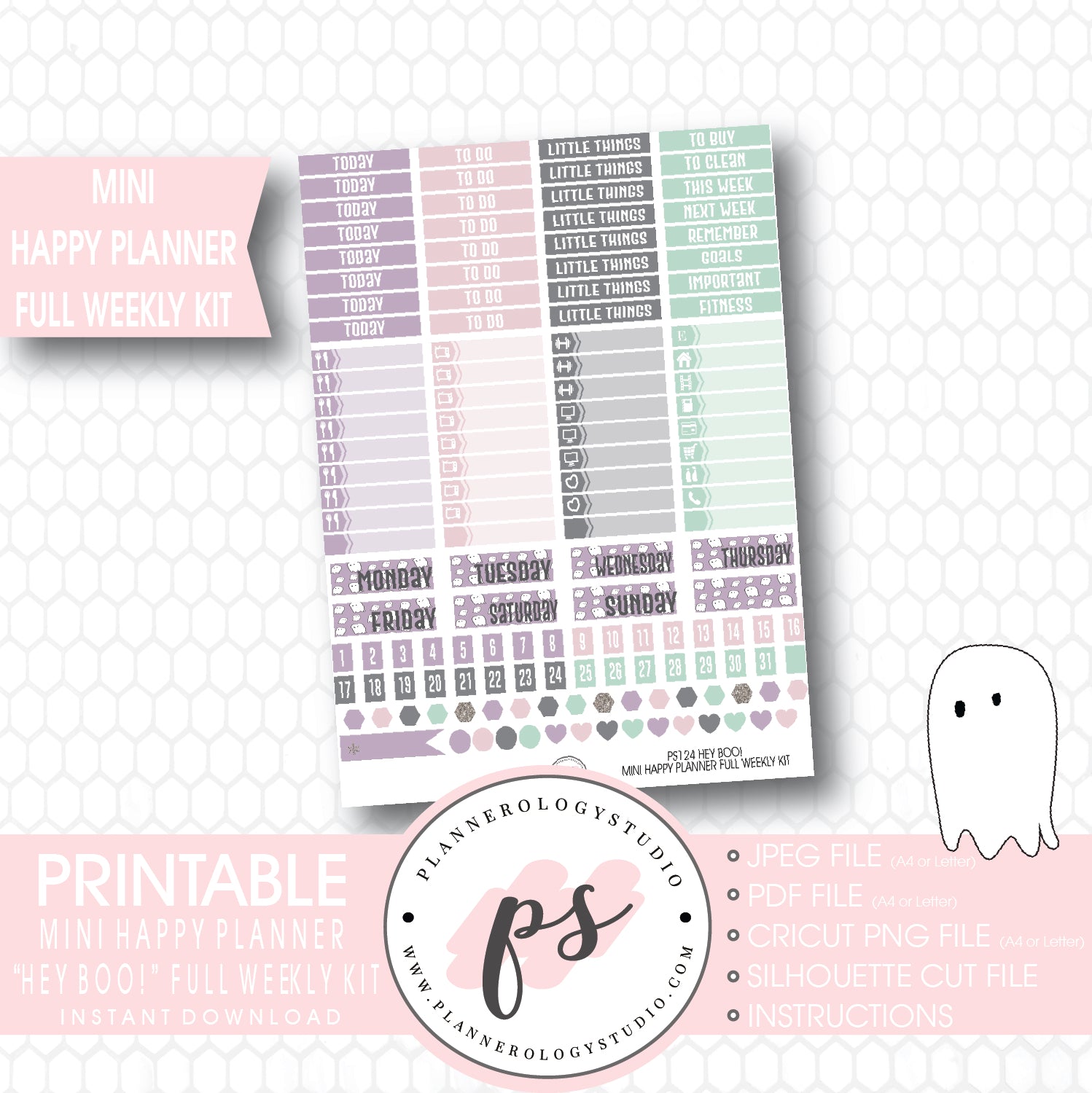 Hey Boo! Full Weekly Kit Printable Planner Stickers (for use with Mini Happy Planner) - Plannerologystudio