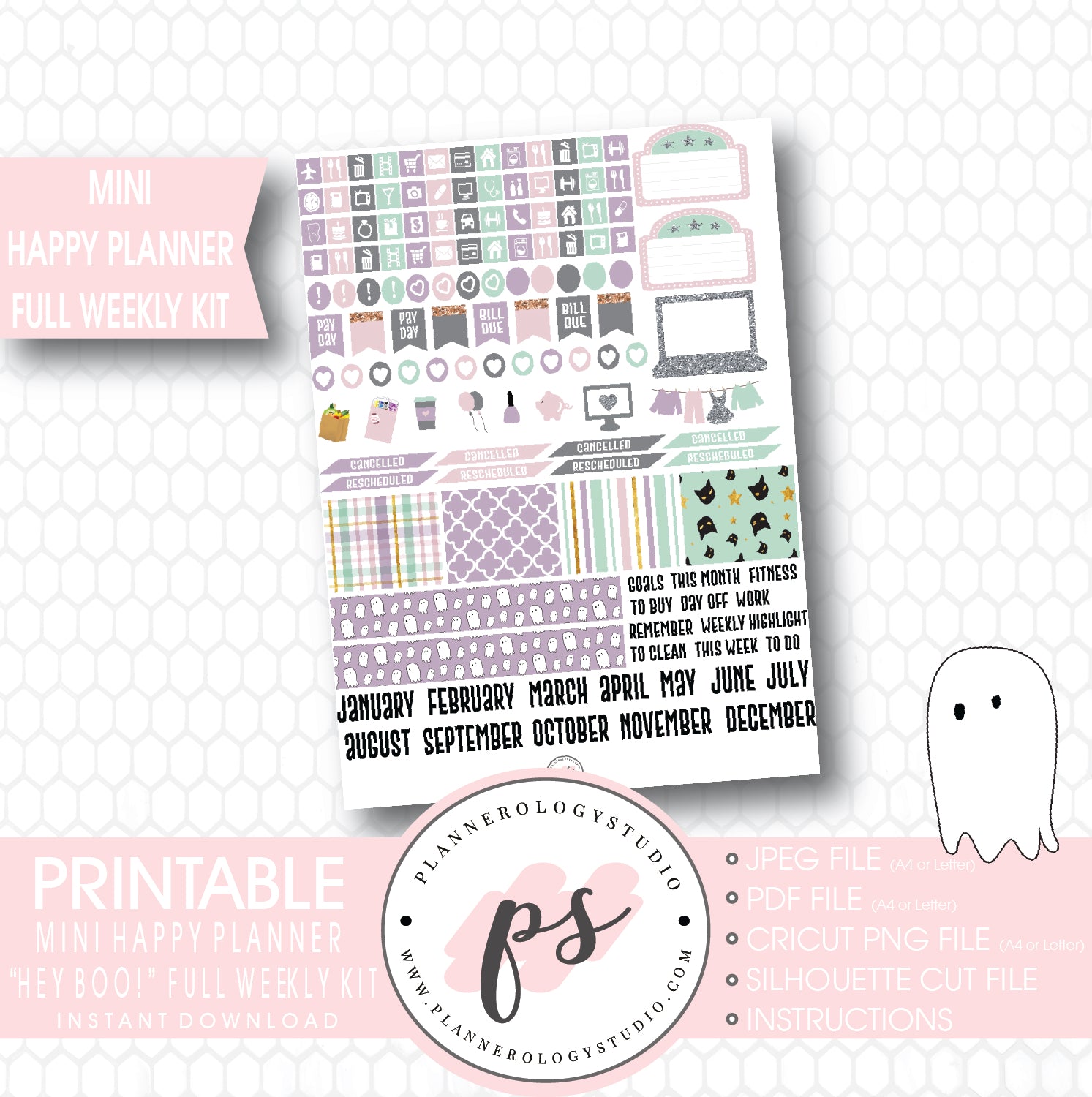 Hey Boo! Full Weekly Kit Printable Planner Stickers (for use with Mini Happy Planner) - Plannerologystudio