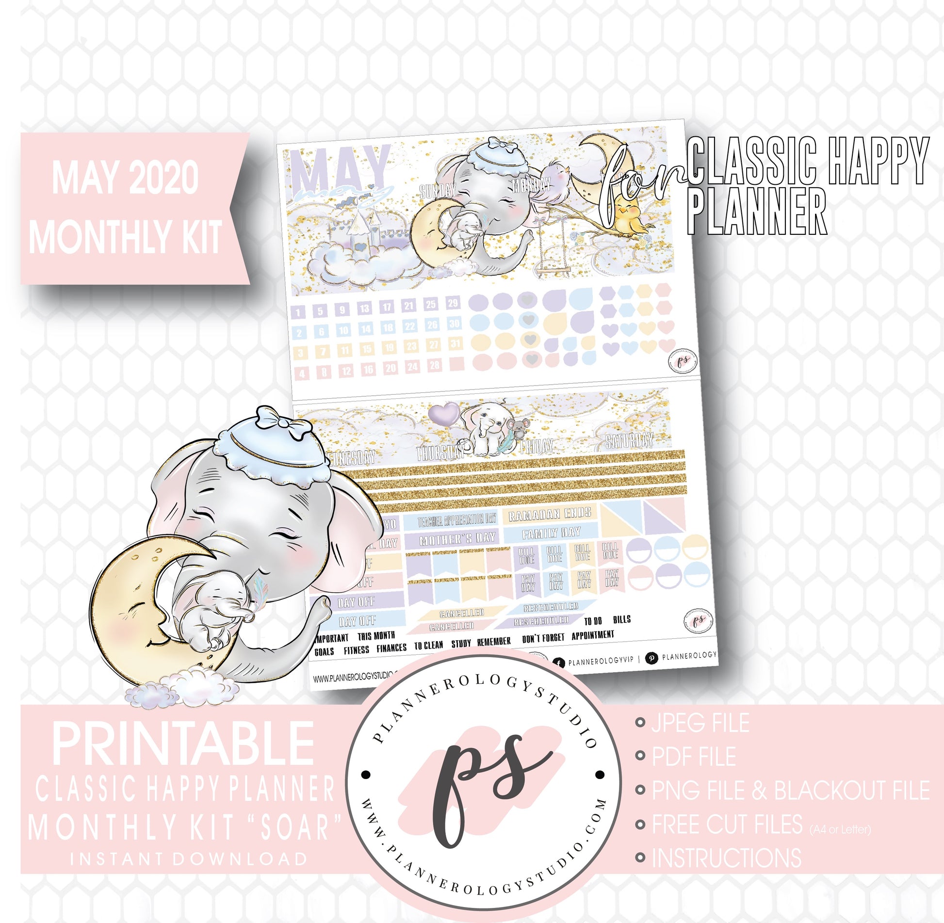 Soar (Dumbo Inspired) May 2020 Monthly View Kit Digital Printable Planner Stickers (for use with Classic Happy Planner) - Plannerologystudio