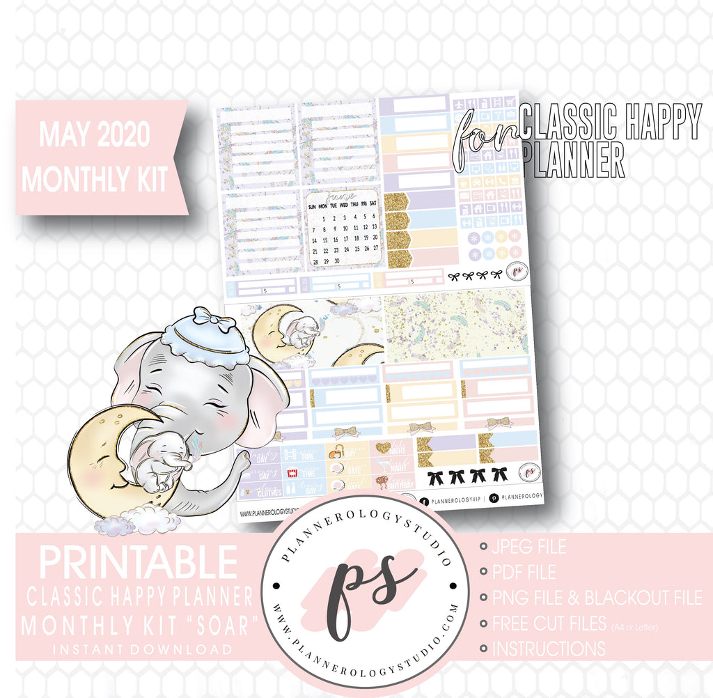 Soar (Dumbo Inspired) May 2020 Monthly View Kit Digital Printable Planner Stickers (for use with Classic Happy Planner) - Plannerologystudio