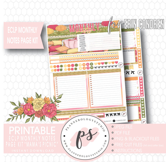 Mama's Picnic (Mother's Day) Monthly Notes Page Kit Digital Printable Planner Stickers (for use with ECLP) - Plannerologystudio