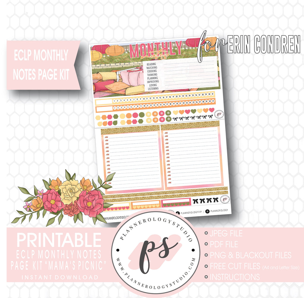 Mama's Picnic (Mother's Day) Monthly Notes Page Kit Digital Printable Planner Stickers (for use with ECLP) - Plannerologystudio
