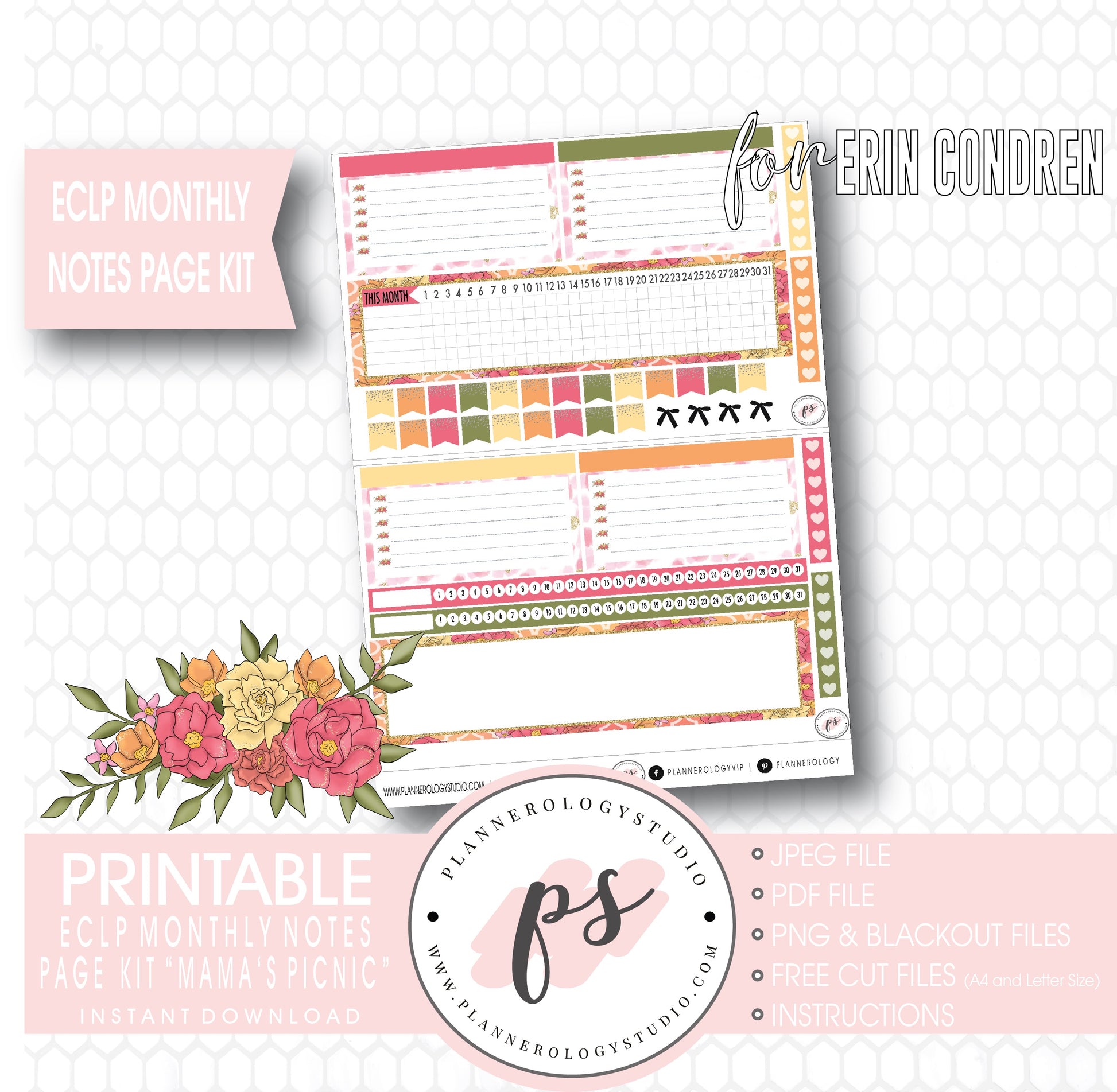 Mama's Picnic (Mother's Day) Monthly Notes Page Kit Digital Printable Planner Stickers (for use with ECLP) - Plannerologystudio