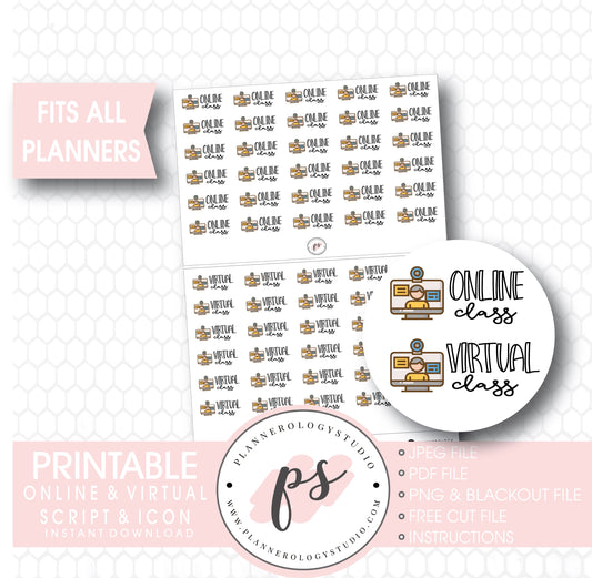 Online Class & Virtual Class Bujo Script & Icon Digital Printable Planner Stickers - Plannerologystudio