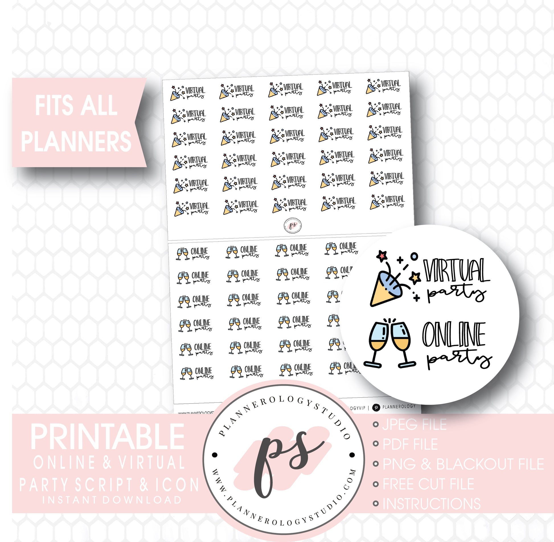 Online Party & Virtual Party Bujo Script & Icon Digital Printable Planner Stickers - Plannerologystudio