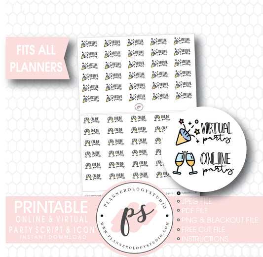 Online Party & Virtual Party Bujo Script & Icon Digital Printable Planner Stickers - Plannerologystudio