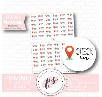 Check-In Bujo Script & Icon Digital Printable Planner Stickers - Plannerologystudio
