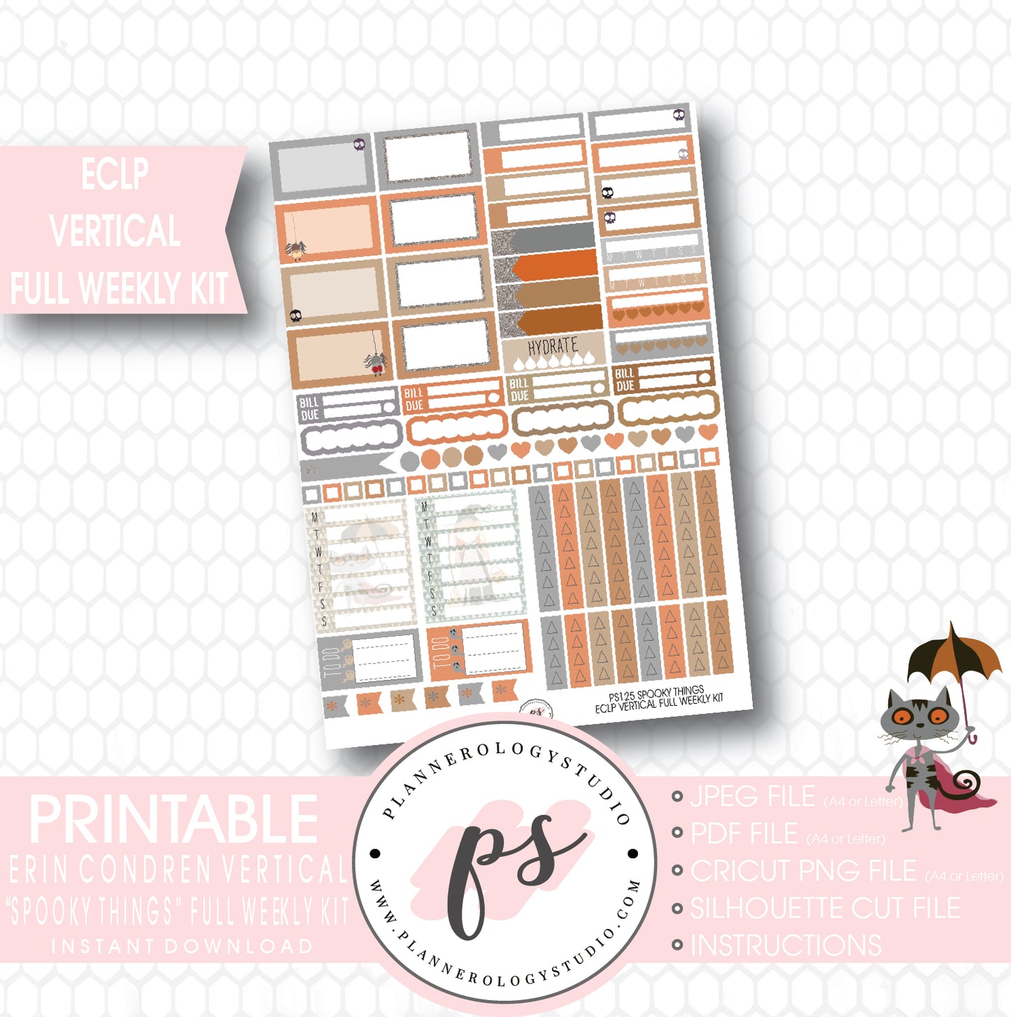 Spooky Things Full Weekly Kit Printable Planner Stickers (for use with ECLP Vertical) - Plannerologystudio