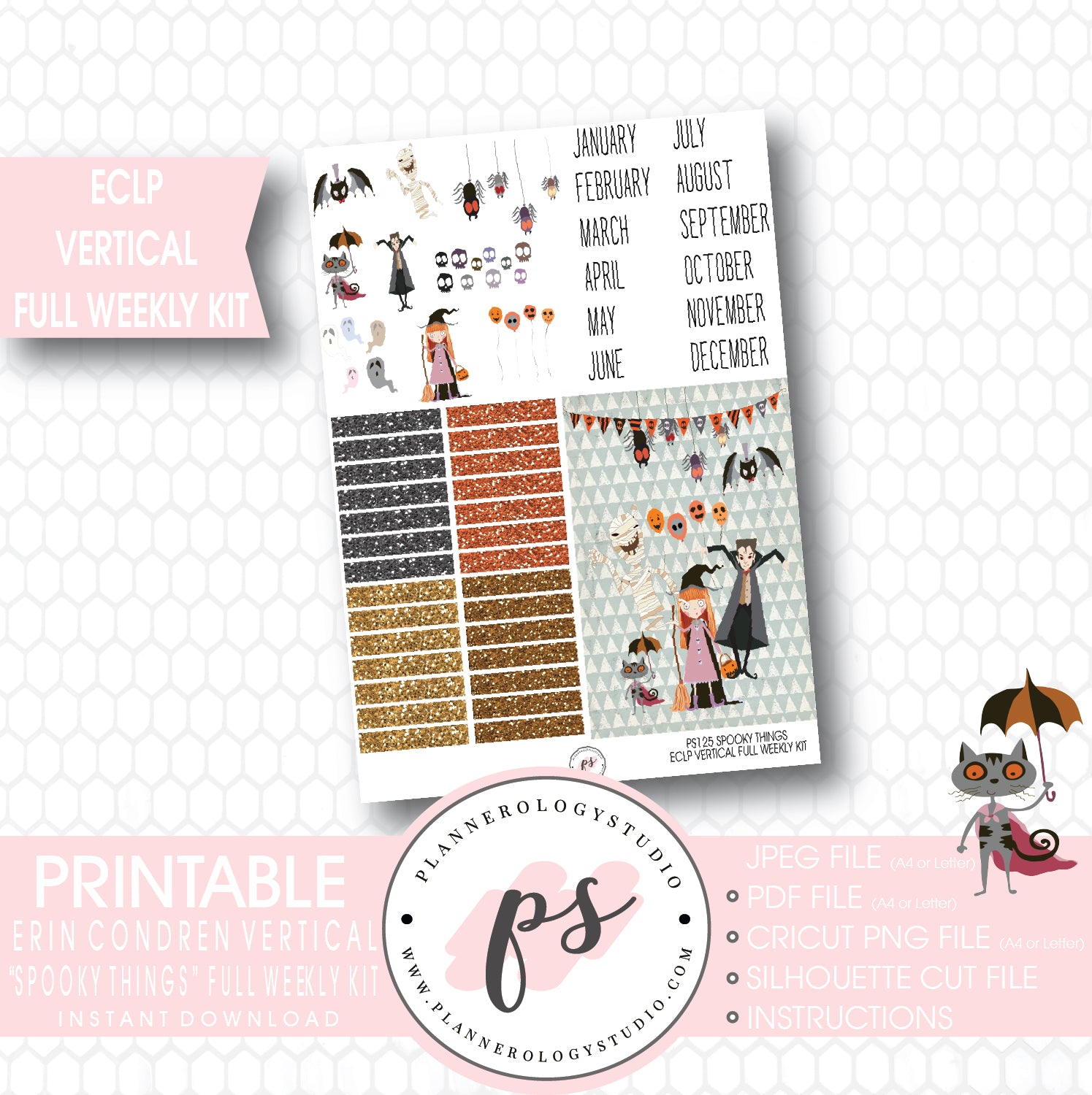 Spooky Things Full Weekly Kit Printable Planner Stickers (for use with ECLP Vertical) - Plannerologystudio