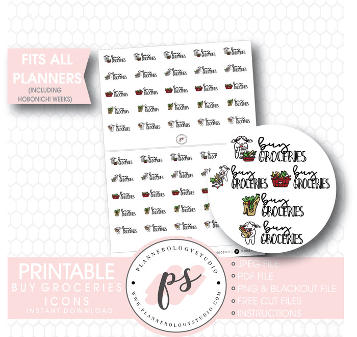 Various Buy Groceries Script & Icons Digital Printable Planner Stickers - Plannerologystudio