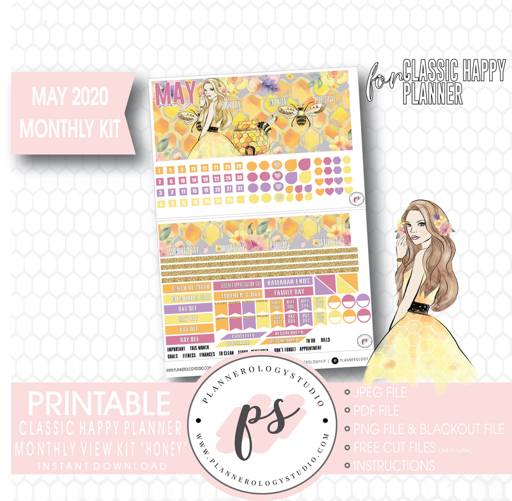 Honey May 2020 Monthly View Kit Digital Printable Planner Stickers (for use with Classic Happy Planner) - Plannerologystudio
