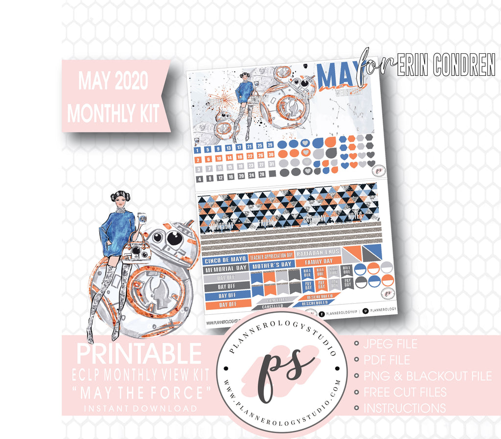 May the Force (Star Wars) May 2020 Monthly View Kit Digital Printable Planner Stickers (for use with Erin Condren) - Plannerologystudio