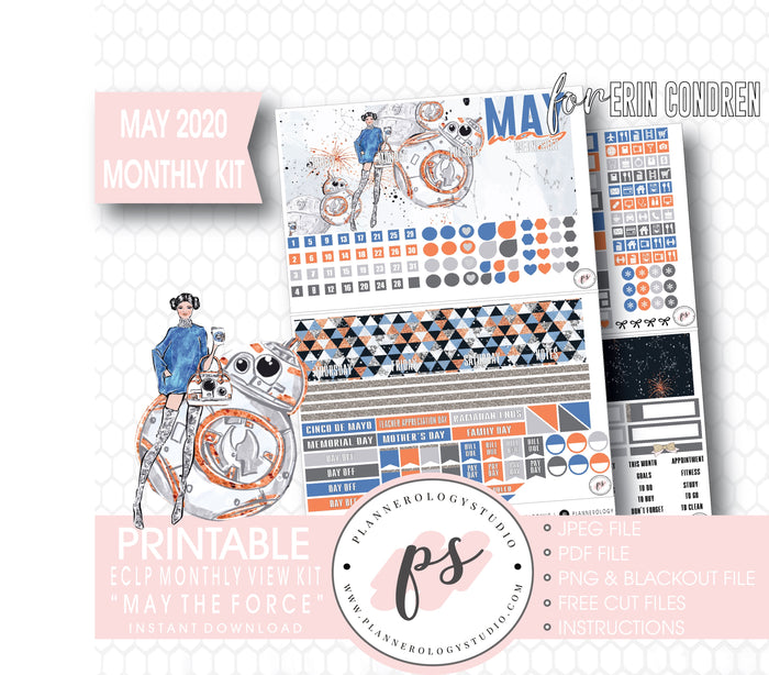 May the Force (Star Wars) May 2020 Monthly View Kit Digital Printable Planner Stickers (for use with Erin Condren) - Plannerologystudio