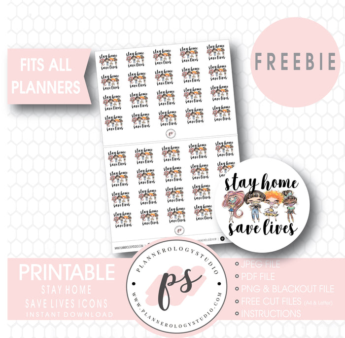 Stay Home Save Lives Icons Digital Printable Planner Stickers (Freebie) - Plannerologystudio