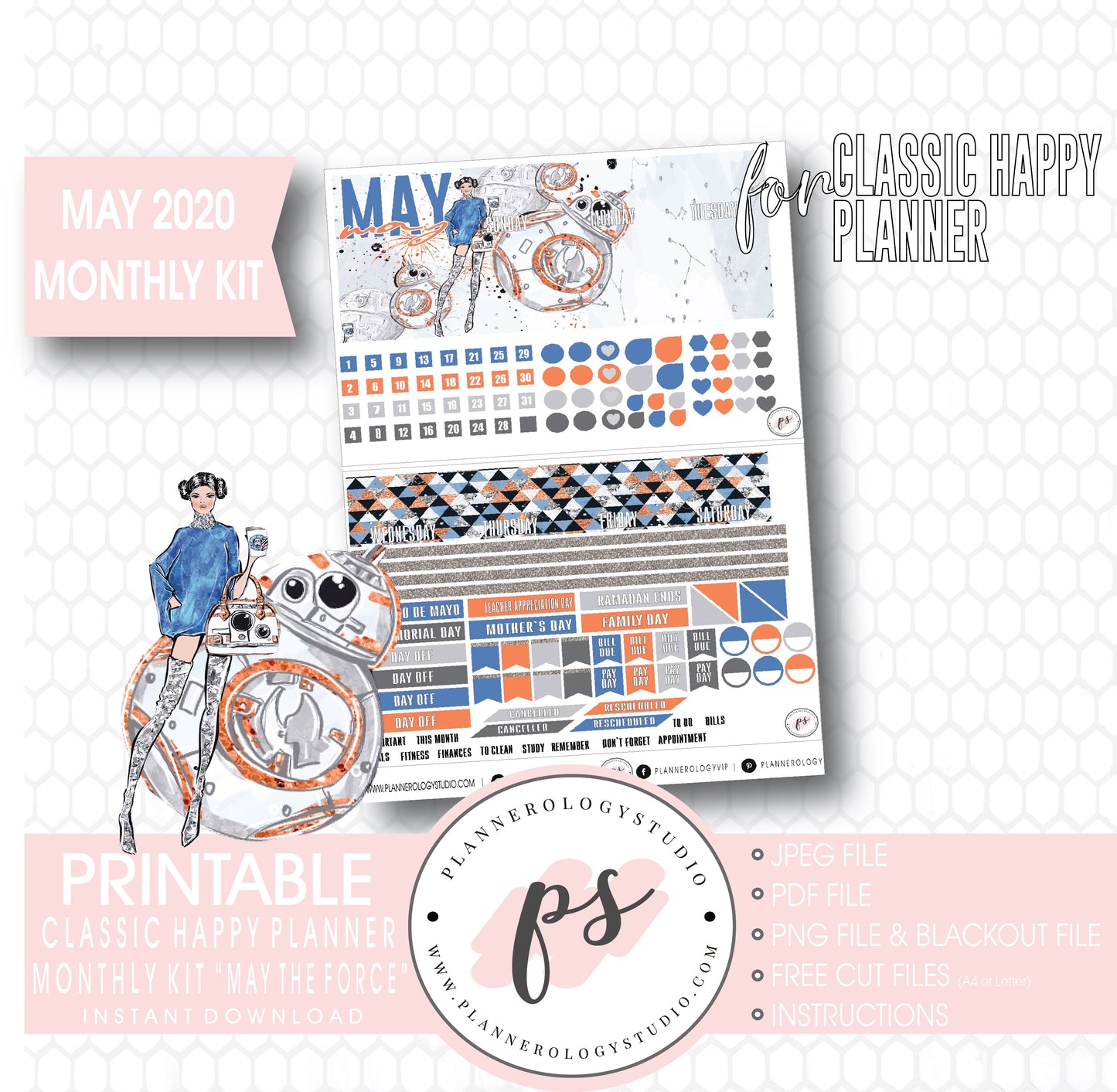 May the Force (Star Wars) May 2020 Monthly View Kit Digital Printable Planner Stickers (for use with Classic Happy Planner) - Plannerologystudio