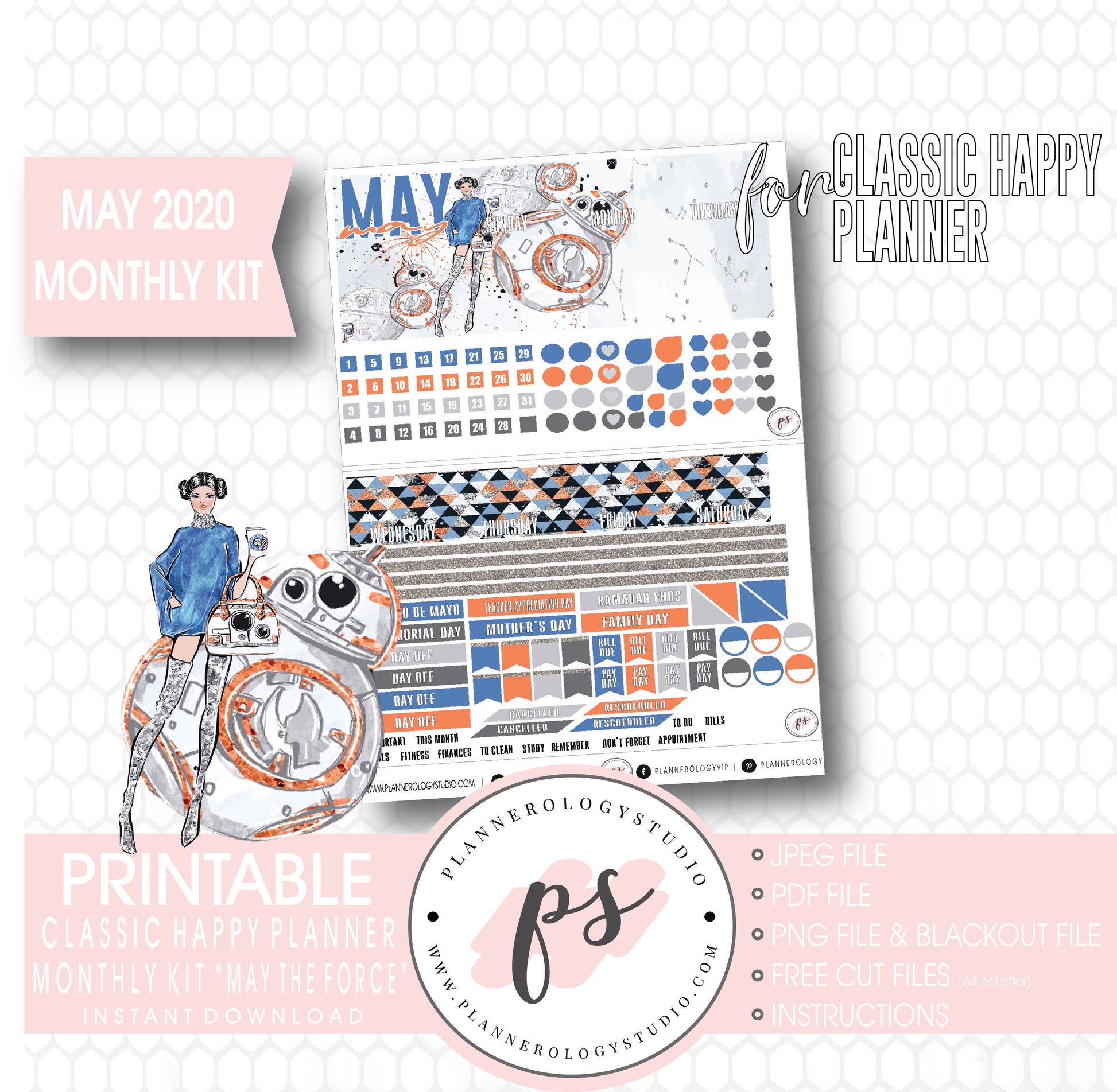 May the Force (Star Wars) May 2020 Monthly View Kit Digital Printable Planner Stickers (for use with Classic Happy Planner) - Plannerologystudio