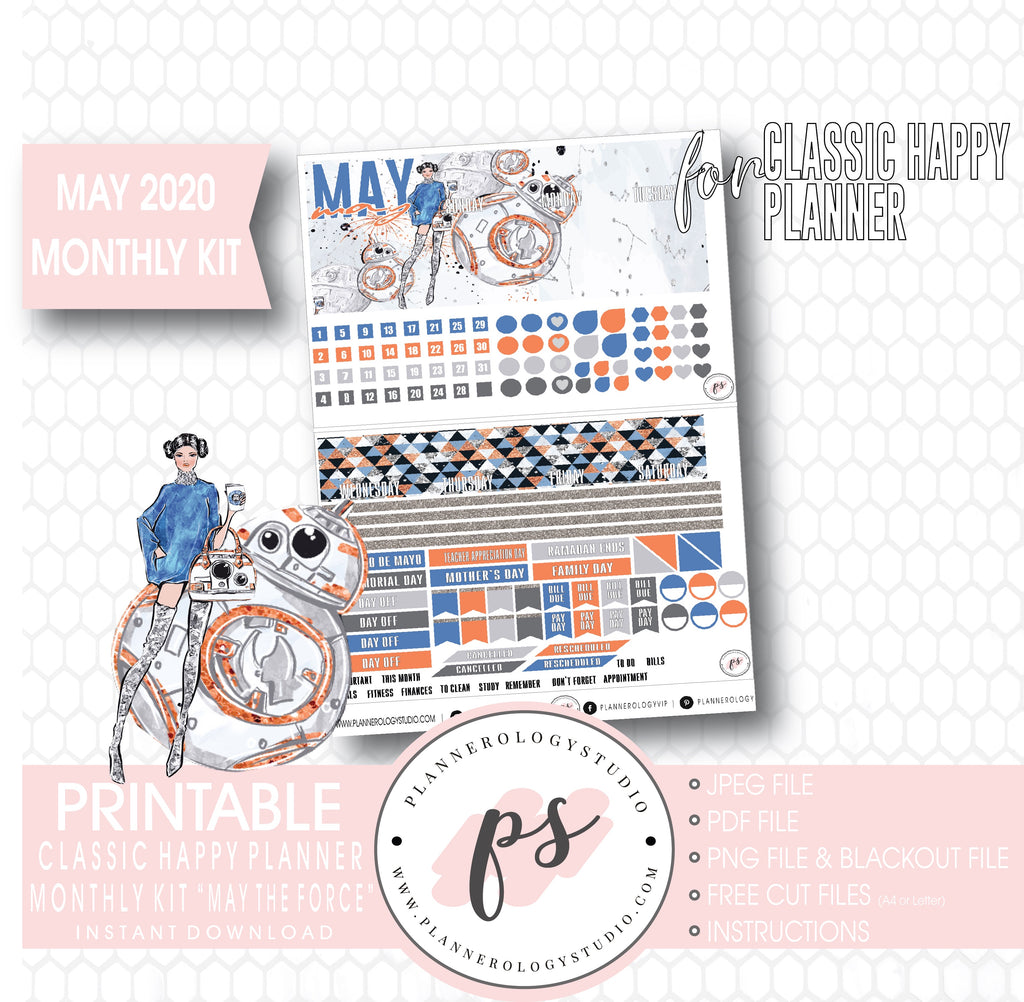 May the Force (Star Wars) May 2020 Monthly View Kit Digital Printable Planner Stickers (for use with Classic Happy Planner) - Plannerologystudio