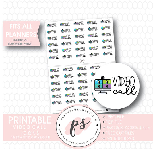 Video Call Bujo Script & Icon Digital Printable Planner Stickers - Plannerologystudio