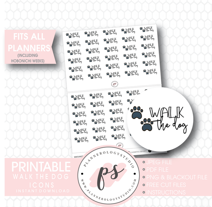 Walk the Dog Bujo Script & Icon Digital Printable Planner Stickers - Plannerologystudio