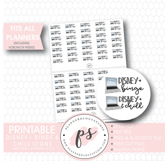 Disney + Plus Binge & Chill Bujo Script & Icon Digital Printable Planner Stickers - Plannerologystudio