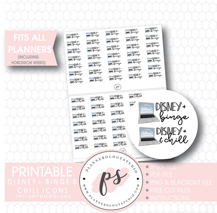 Disney + Plus Binge & Chill Bujo Script & Icon Digital Printable Planner Stickers - Plannerologystudio