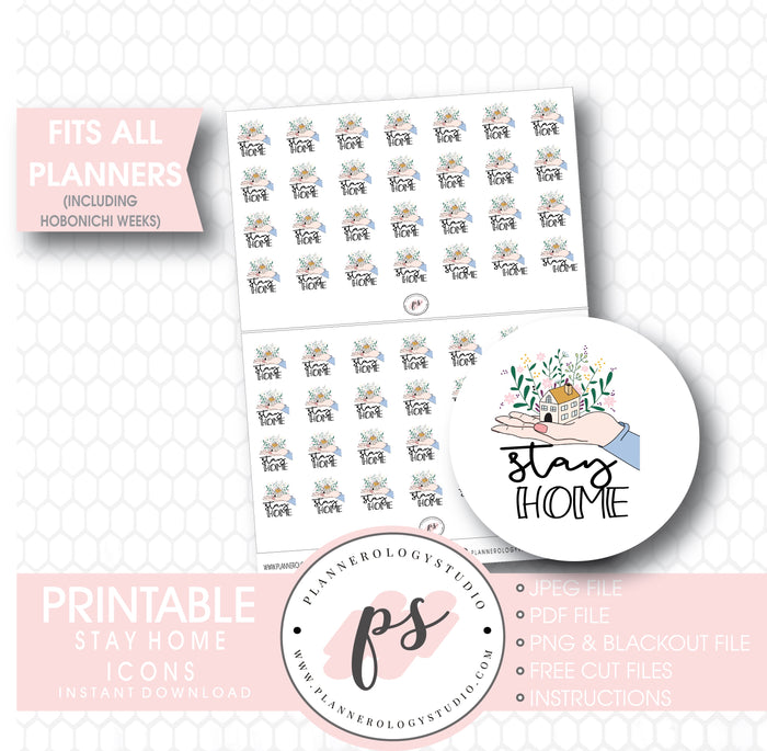 Stay Home Bujo Script & Icon Digital Printable Planner Stickers - Plannerologystudio