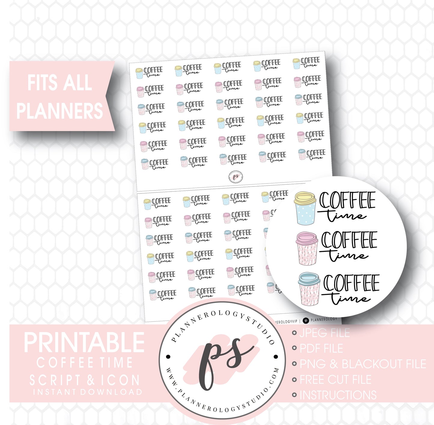 Coffee Time Bujo Script & Icon Digital Printable Planner Stickers - Plannerologystudio